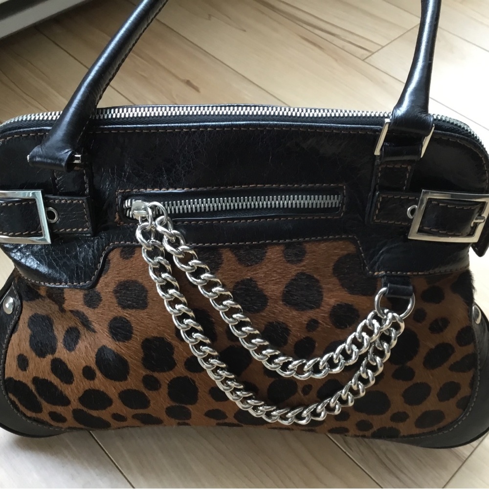 Leopard Print Chain-Handle Satchel Bag - Black and Brown